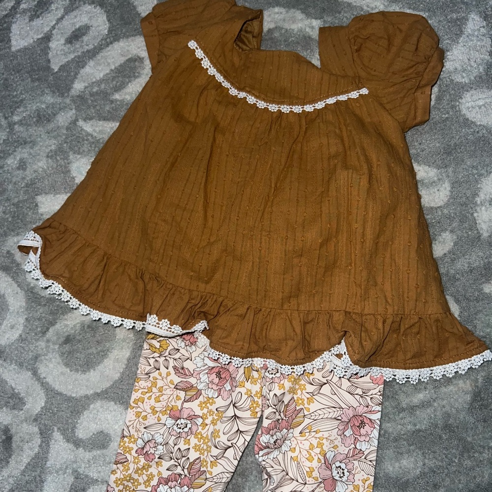 Girls Brown Ruffle Top with Floral Leggings